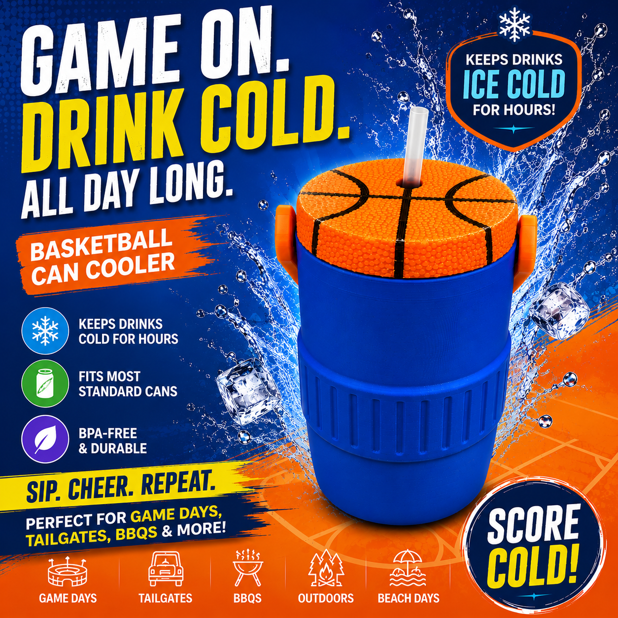 Basketball Can Cooler with Straw Lid – 3D Printed Game Day Drink Holder