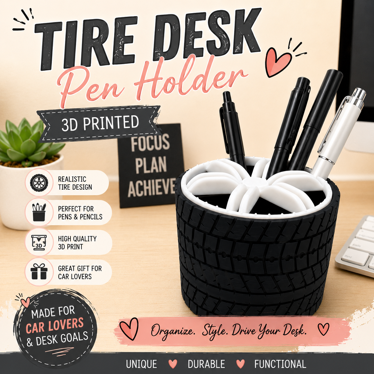 Tire Desk Pen Holder - 3D Printed