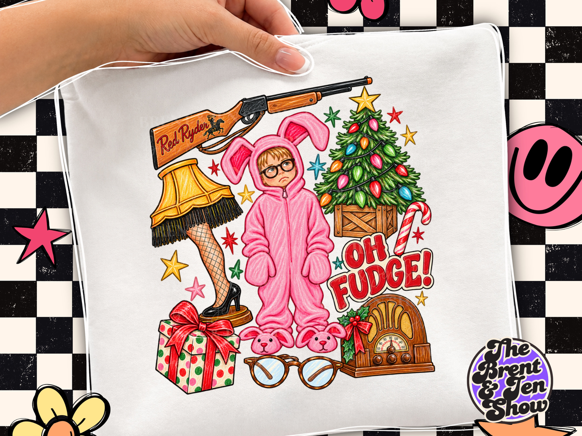 Oh Fudge Christmas Story DTF Transfer, Pink Bunny Suit Holiday Movie Design,