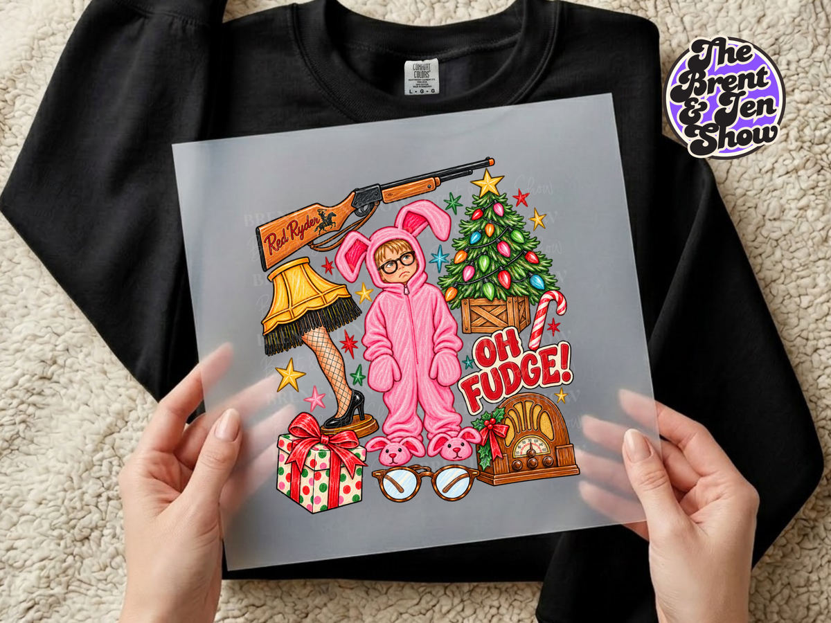Oh Fudge Christmas Story DTF Transfer, Pink Bunny Suit Holiday Movie Design,