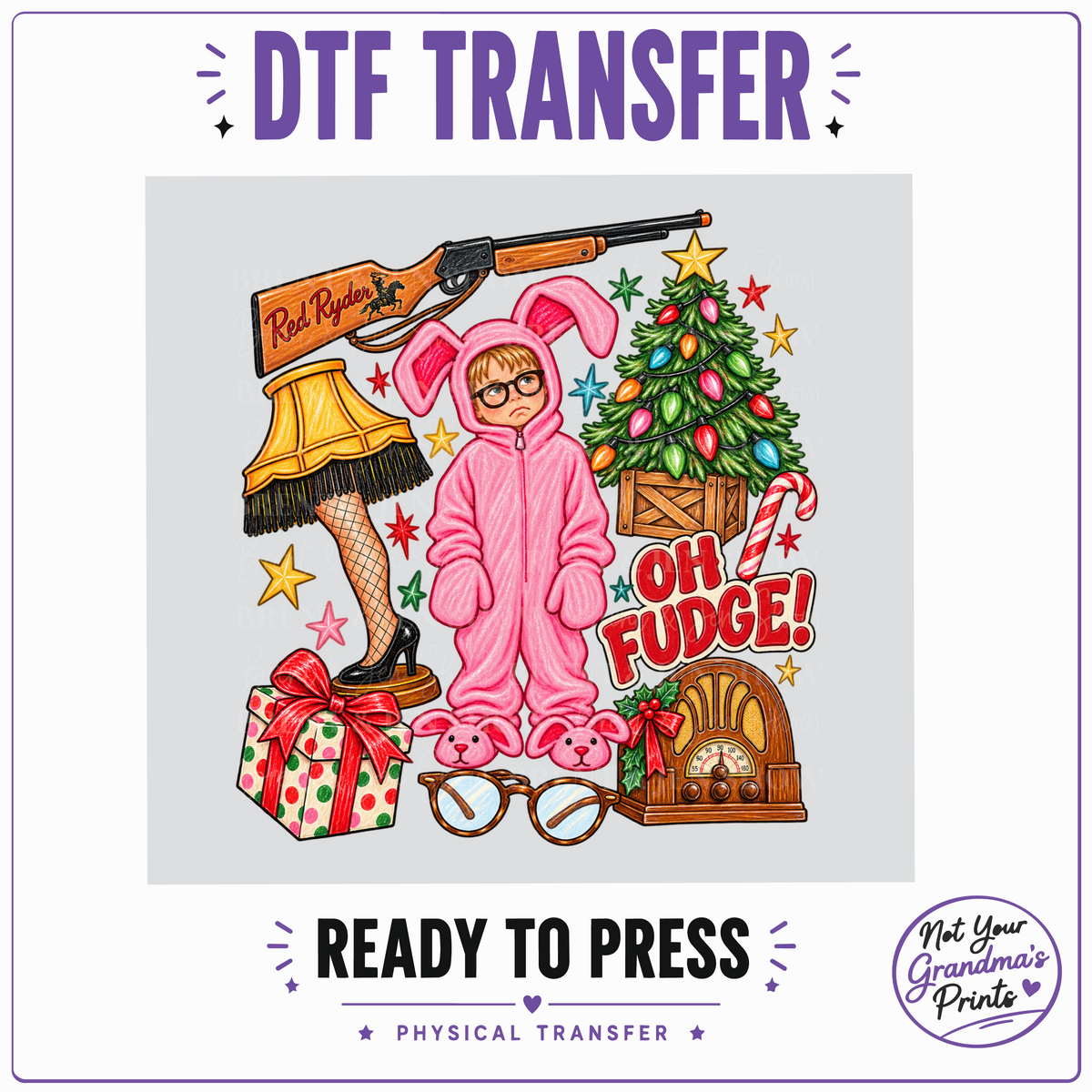 Oh Fudge Christmas Story DTF Transfer, Pink Bunny Suit Holiday Movie Design,