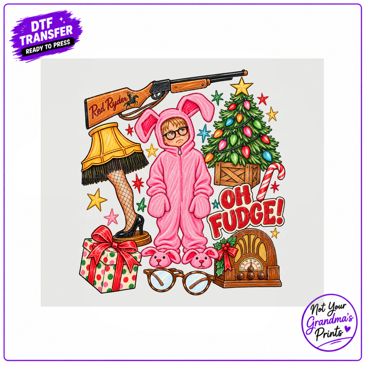 Oh Fudge Christmas Story DTF Transfer, Pink Bunny Suit Holiday Movie Design,
