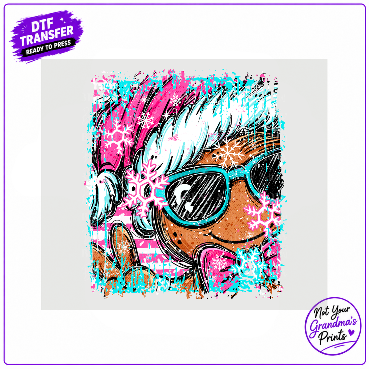Pink Gingerbread DTF Transfer: Turquoise Sunglasses, Winter Hat (Ready-to-Press)