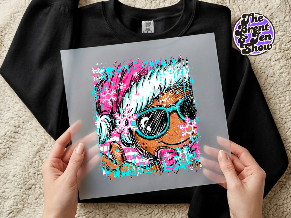 Pink Gingerbread DTF Transfer: Turquoise Sunglasses, Winter Hat (Ready-to-Press)