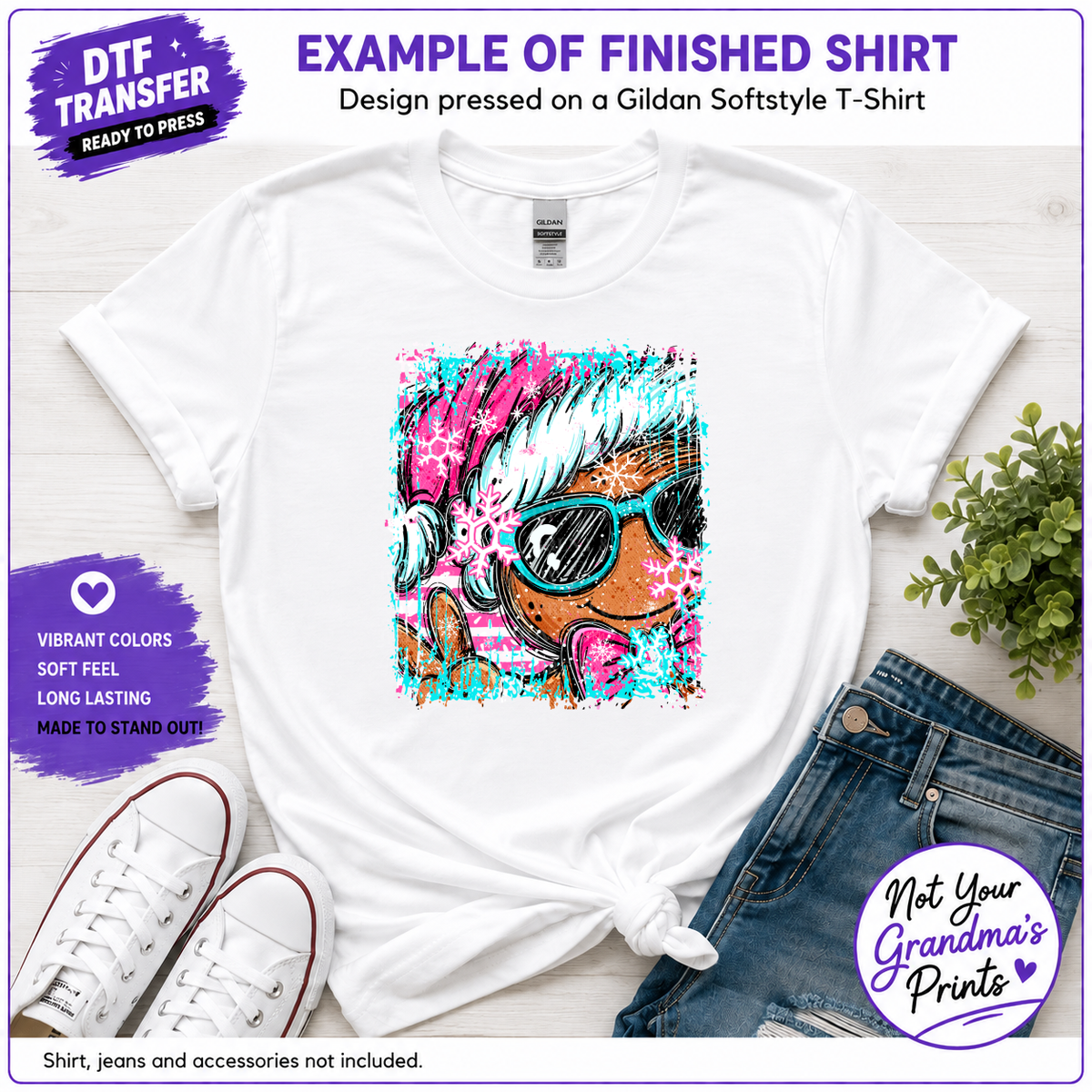 Pink Gingerbread DTF Transfer: Turquoise Sunglasses, Winter Hat (Ready-to-Press)