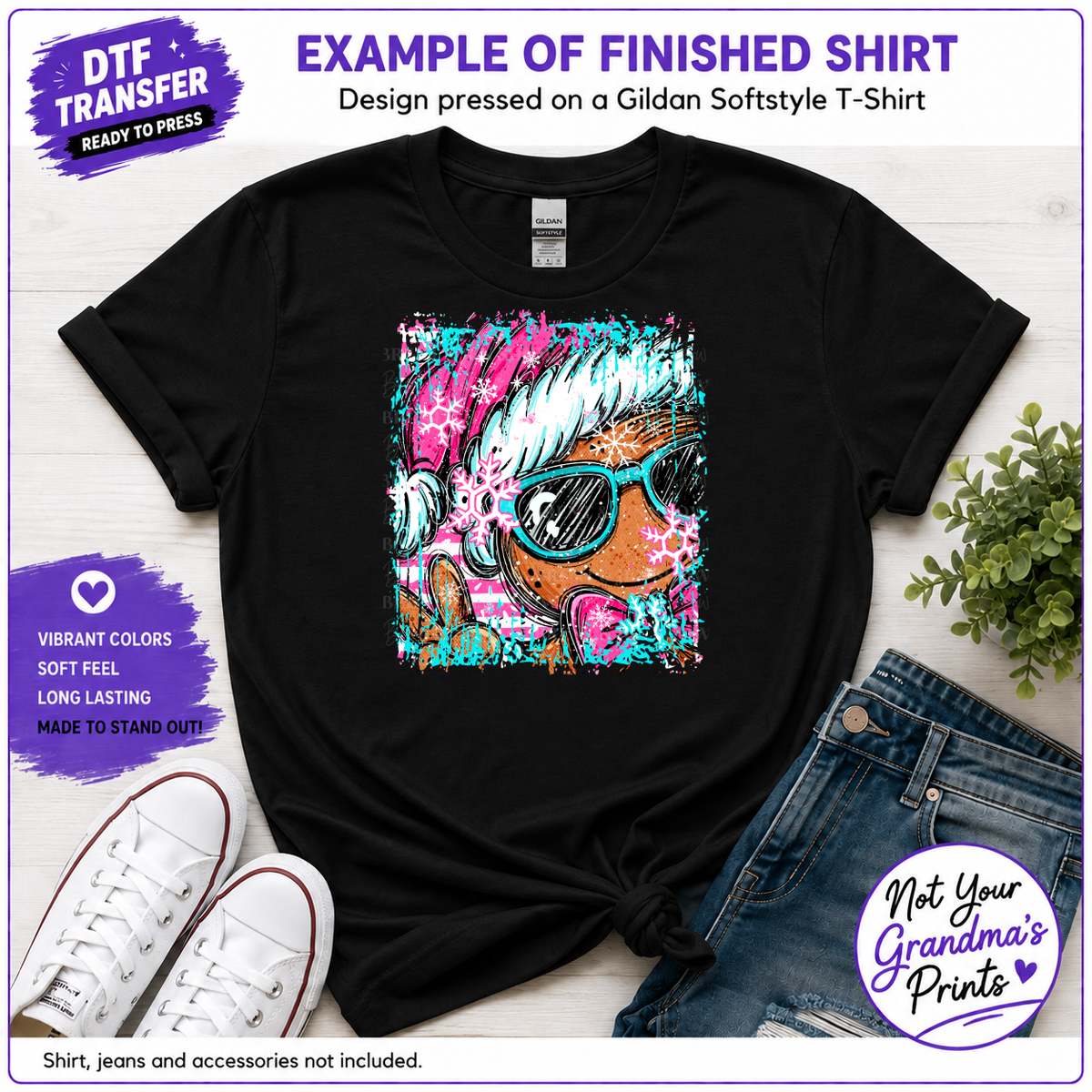 Pink Gingerbread DTF Transfer: Turquoise Sunglasses, Winter Hat (Ready-to-Press)