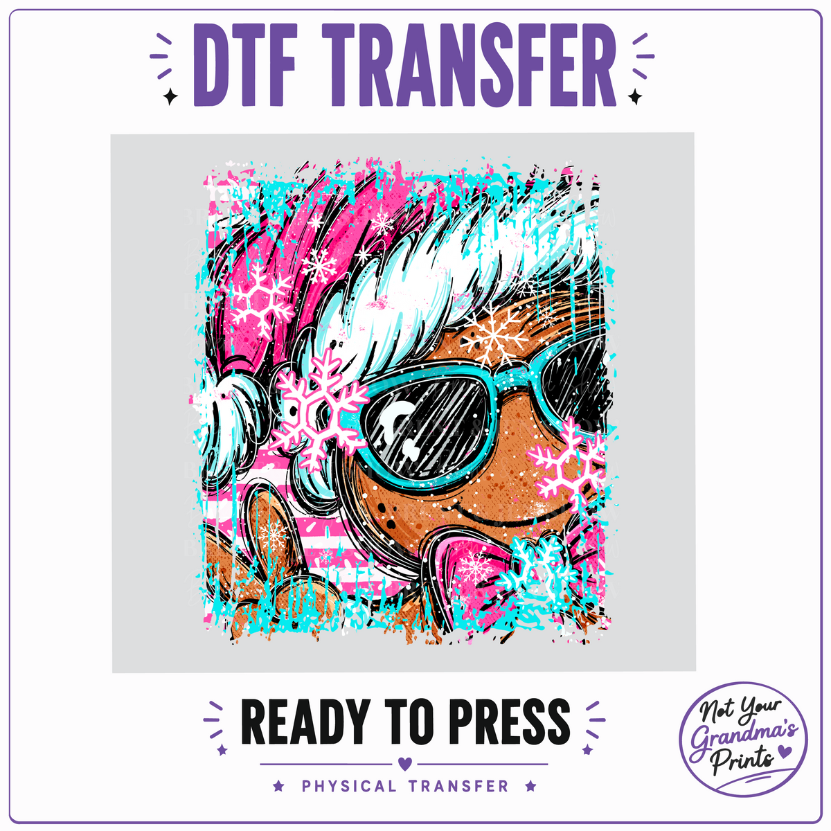 Pink Gingerbread DTF Transfer: Turquoise Sunglasses, Winter Hat (Ready-to-Press)