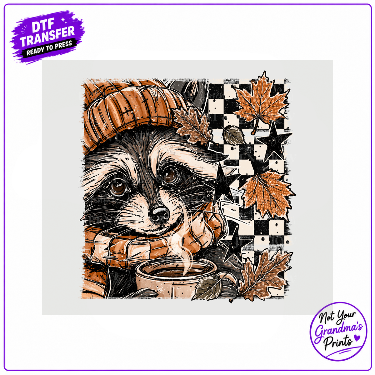 Raccoon Autumn DTF Transfer: Cozy Pumpkin, Coffee, Stars (Ready-to-Press)
