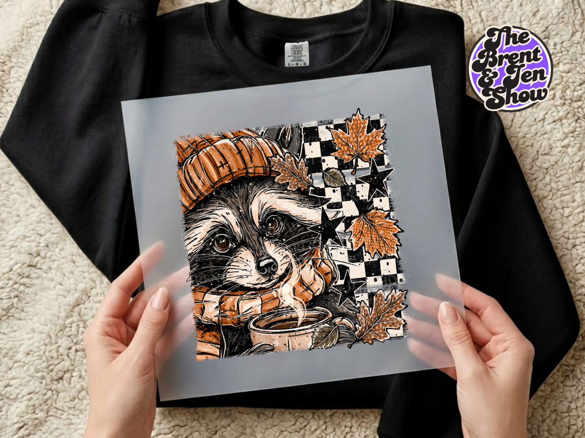 Raccoon Autumn DTF Transfer: Cozy Pumpkin, Coffee, Stars (Ready-to-Press)