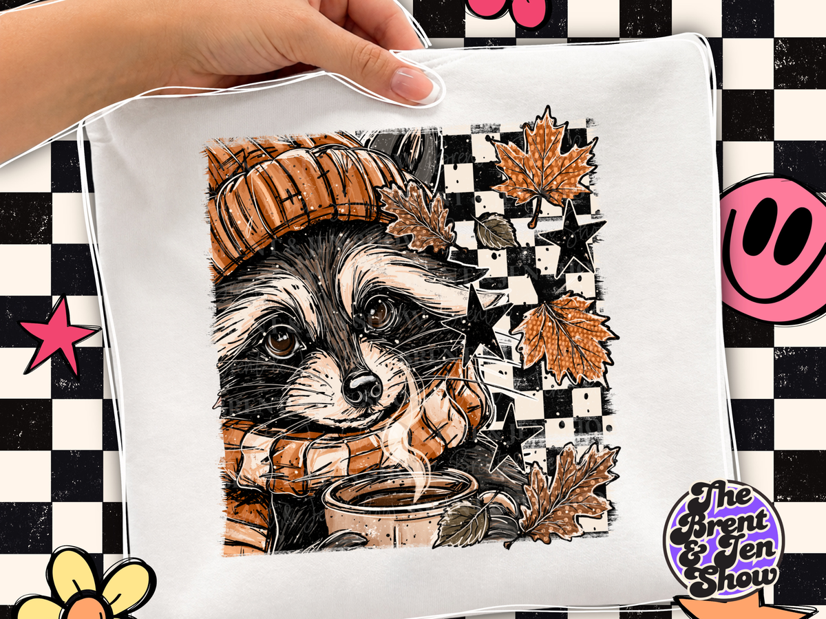 Raccoon Autumn DTF Transfer: Cozy Pumpkin, Coffee, Stars (Ready-to-Press)
