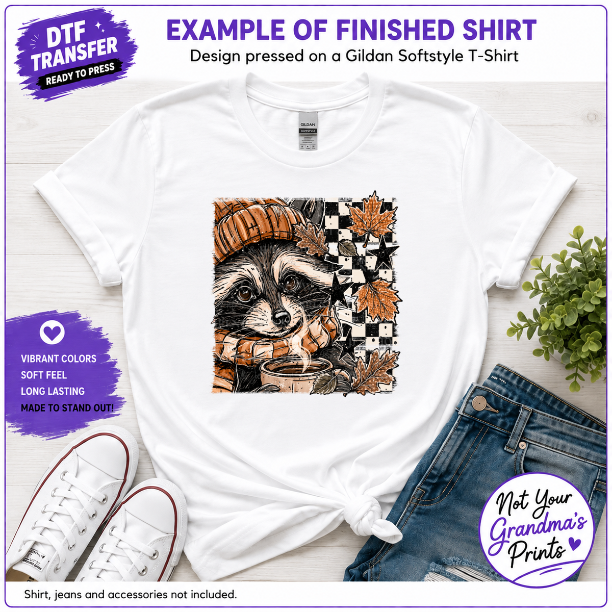 Raccoon Autumn DTF Transfer: Cozy Pumpkin, Coffee, Stars (Ready-to-Press)