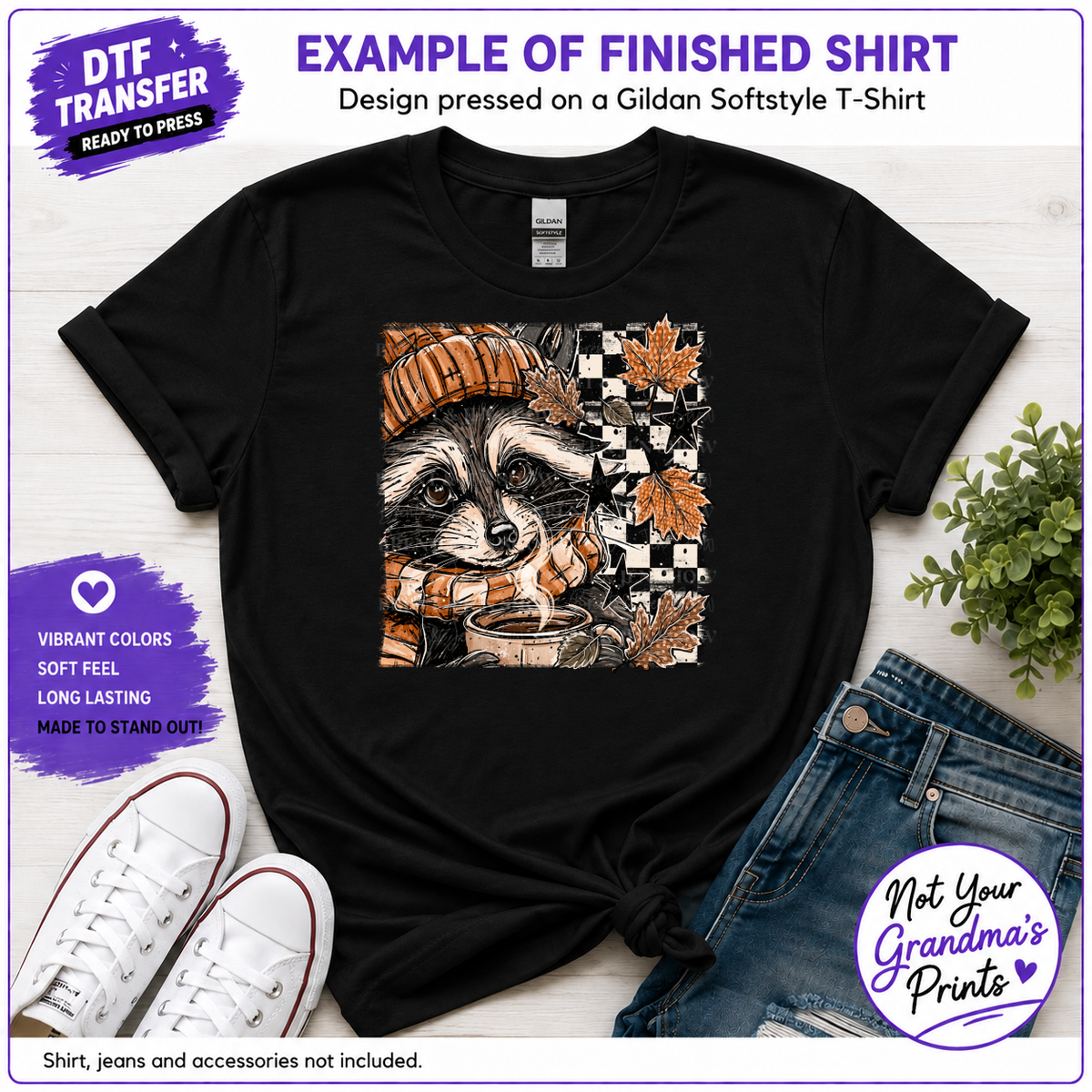Raccoon Autumn DTF Transfer: Cozy Pumpkin, Coffee, Stars (Ready-to-Press)