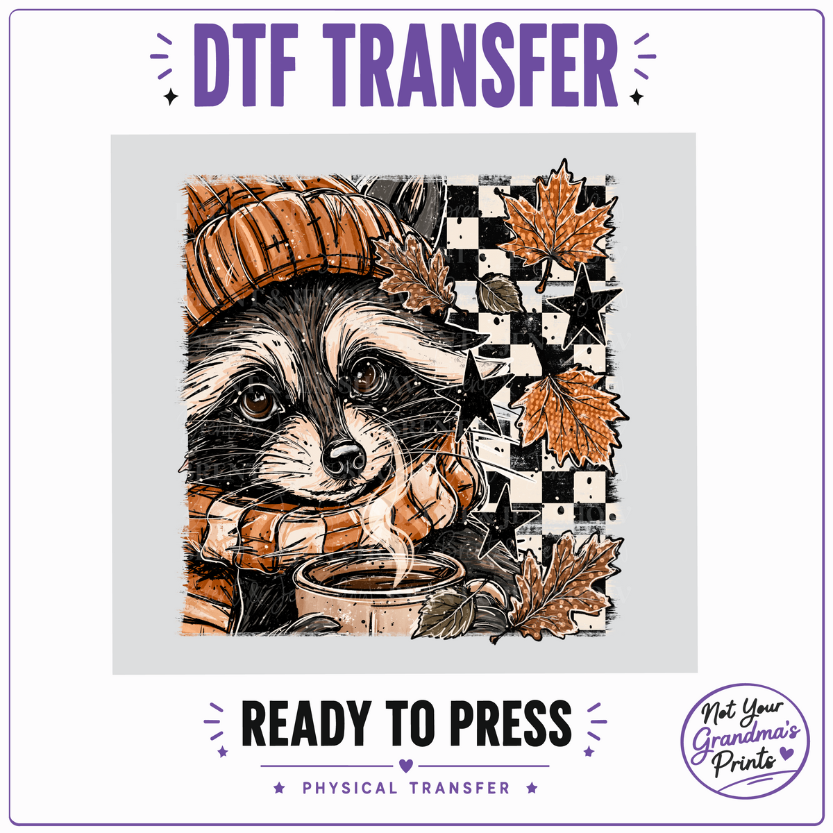 Raccoon Autumn DTF Transfer: Cozy Pumpkin, Coffee, Stars (Ready-to-Press)