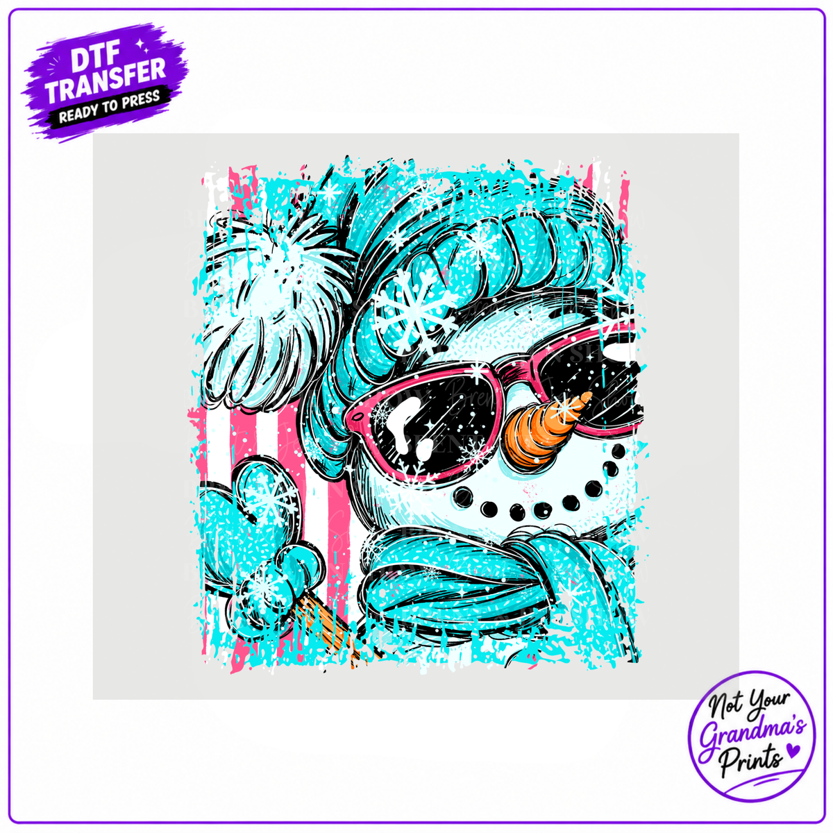 Teal Snowman DTF Transfer: Pink Sunglasses, Snowflakes (Ready-to-Press)