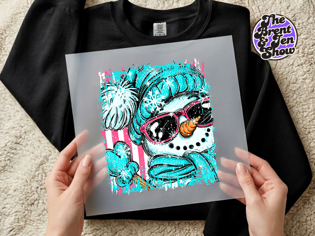 Teal Snowman DTF Transfer: Pink Sunglasses, Snowflakes (Ready-to-Press)