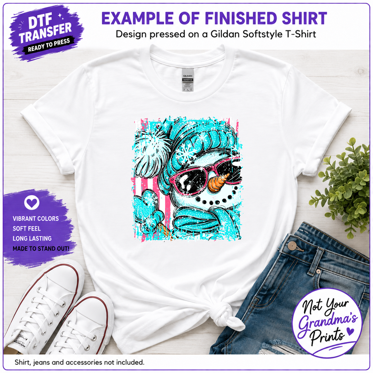 Teal Snowman DTF Transfer: Pink Sunglasses, Snowflakes (Ready-to-Press)