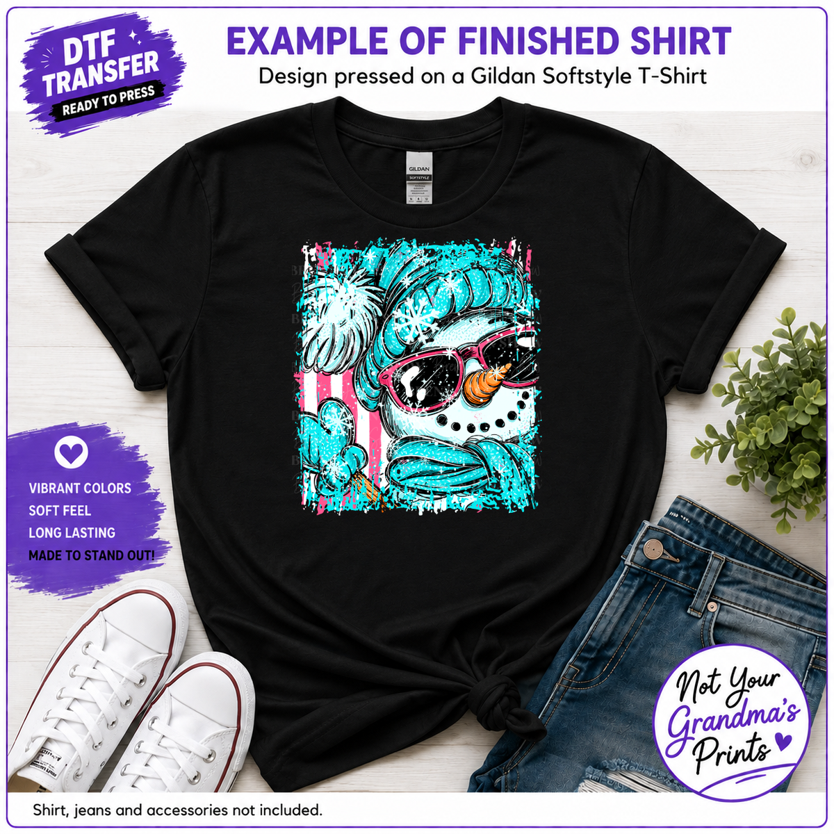 Teal Snowman DTF Transfer: Pink Sunglasses, Snowflakes (Ready-to-Press)