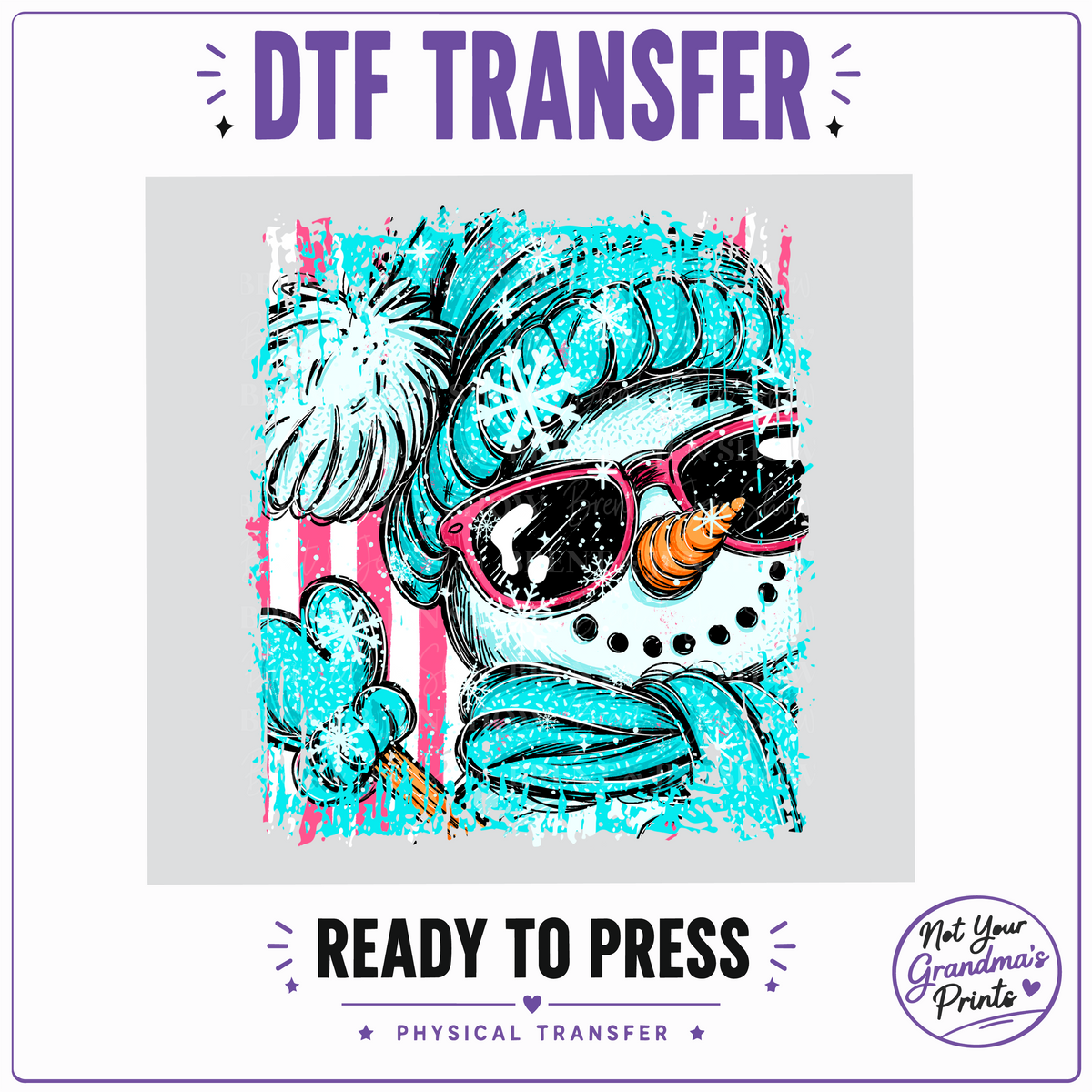 Teal Snowman DTF Transfer: Pink Sunglasses, Snowflakes (Ready-to-Press)