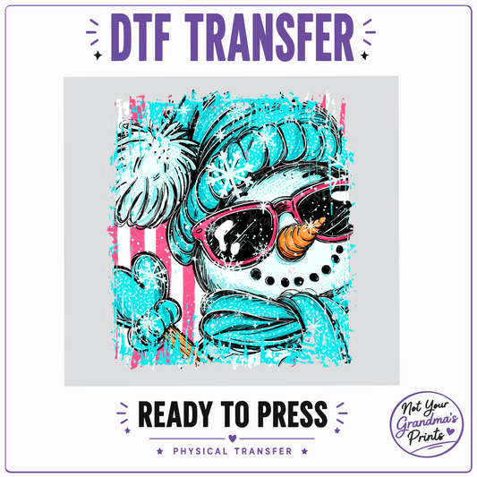 Teal Snowman DTF Transfer: Pink Sunglasses, Snowflakes (Ready-to-Press)