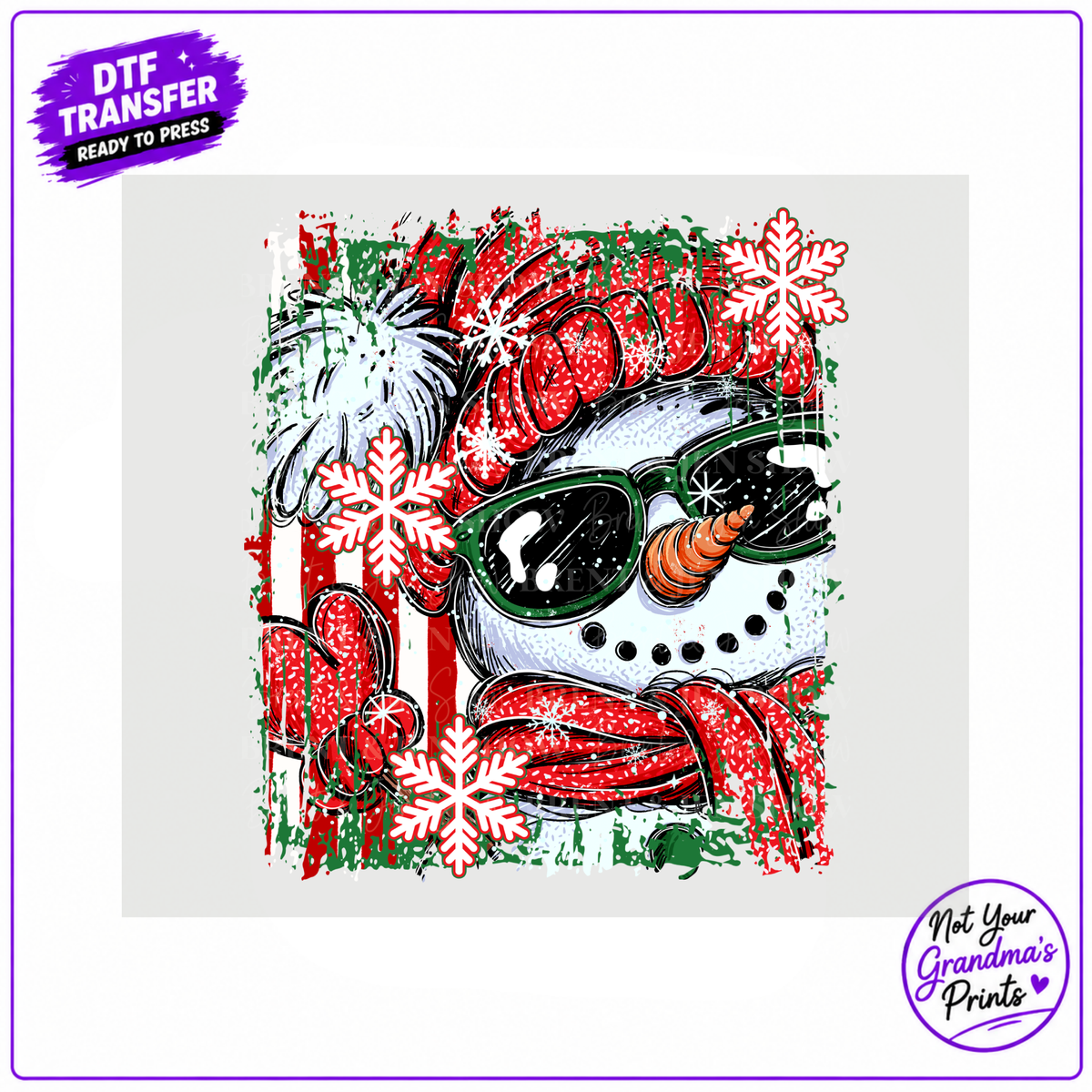 Snowman DTF Transfer: Sunglasses, Red Hat, Snowflakes (Ready-to-Press)