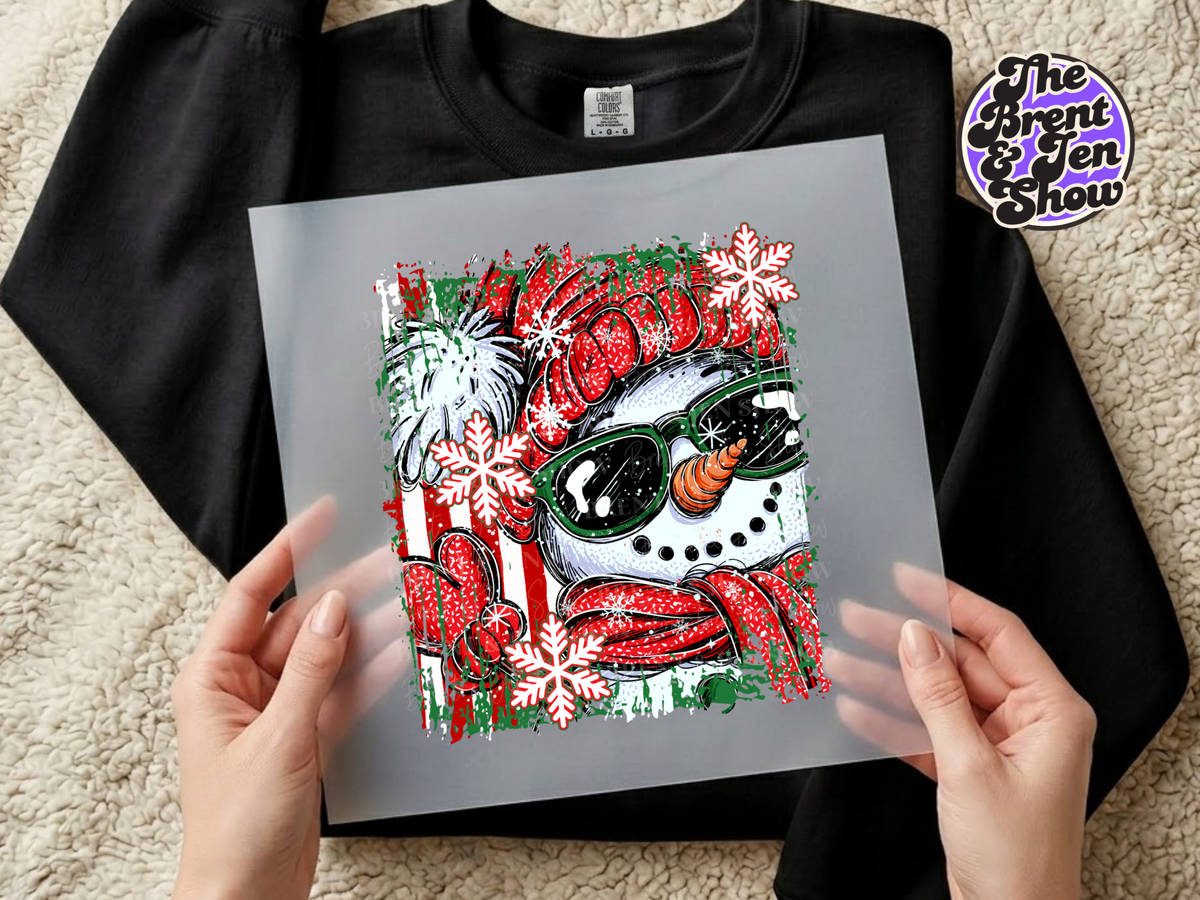 Snowman DTF Transfer: Sunglasses, Red Hat, Snowflakes (Ready-to-Press)