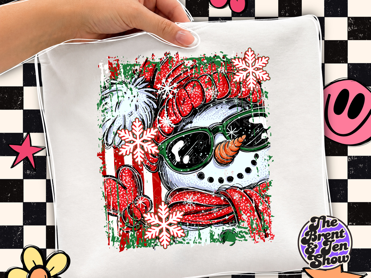 Snowman DTF Transfer: Sunglasses, Red Hat, Snowflakes (Ready-to-Press)