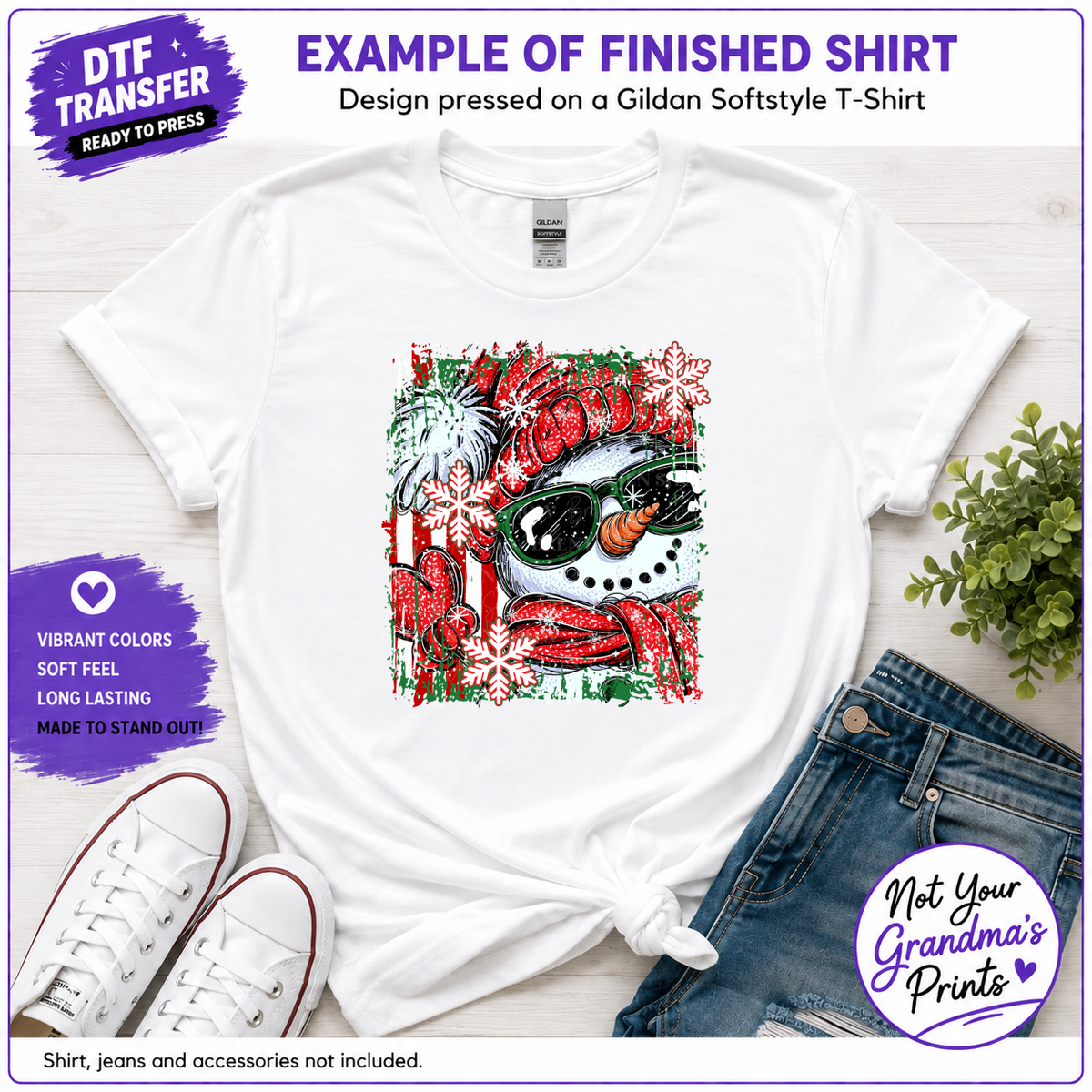 Snowman DTF Transfer: Sunglasses, Red Hat, Snowflakes (Ready-to-Press)