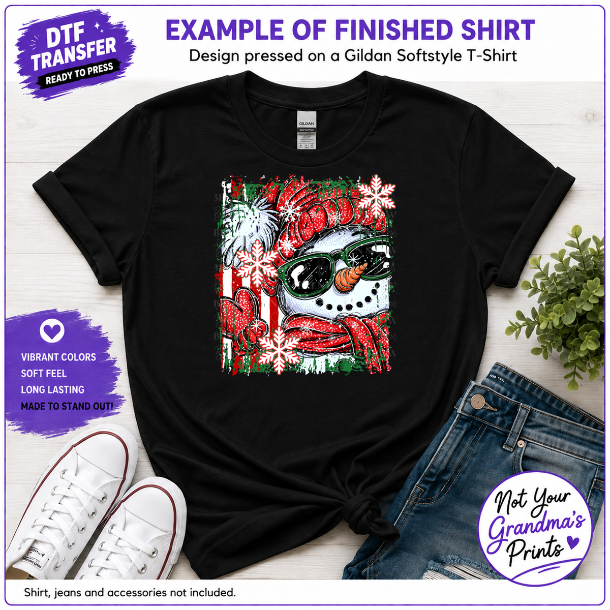 Snowman DTF Transfer: Sunglasses, Red Hat, Snowflakes (Ready-to-Press)