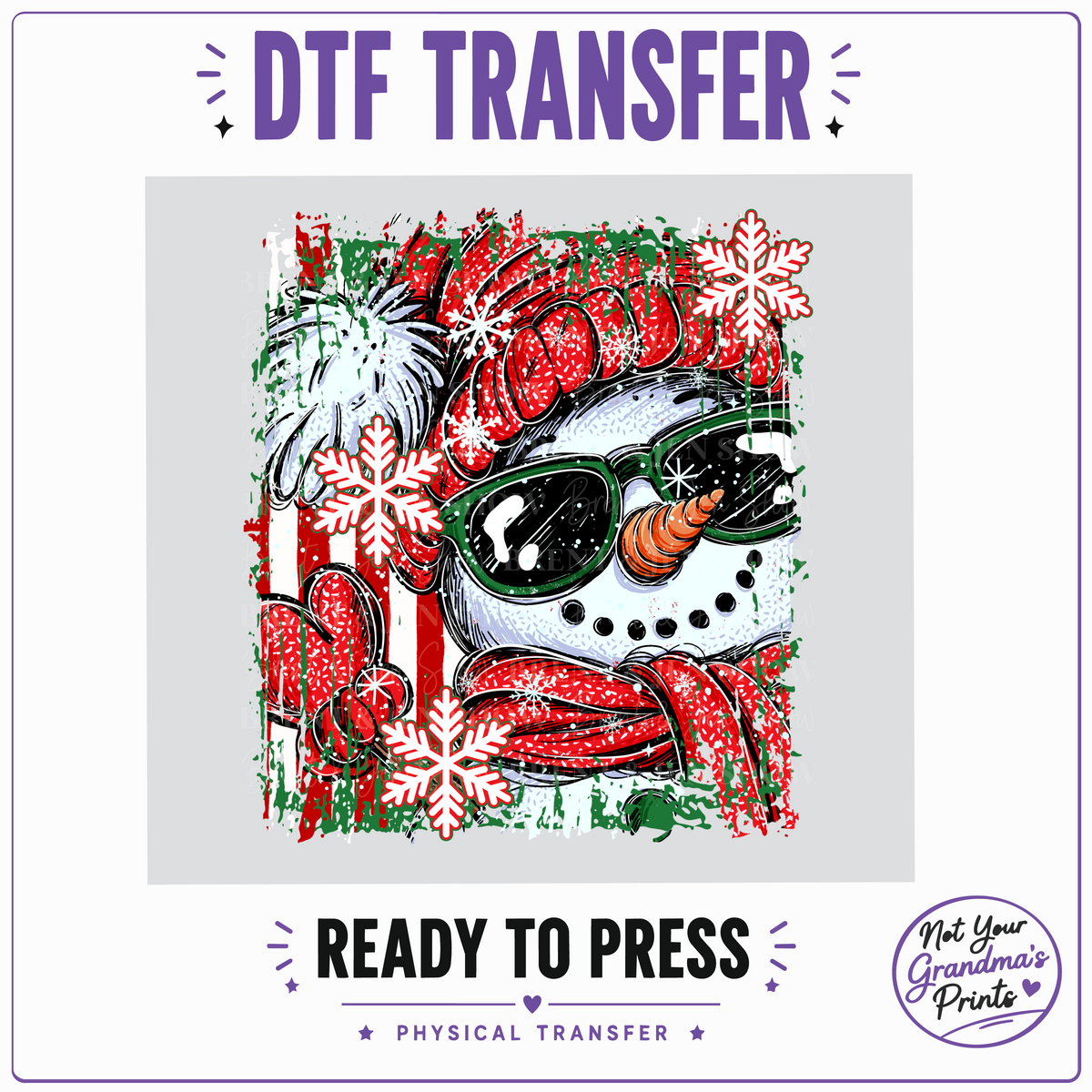 Snowman DTF Transfer: Sunglasses, Red Hat, Snowflakes (Ready-to-Press)