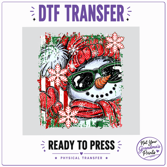 Snowman DTF Transfer: Sunglasses, Red Hat, Snowflakes (Ready-to-Press)