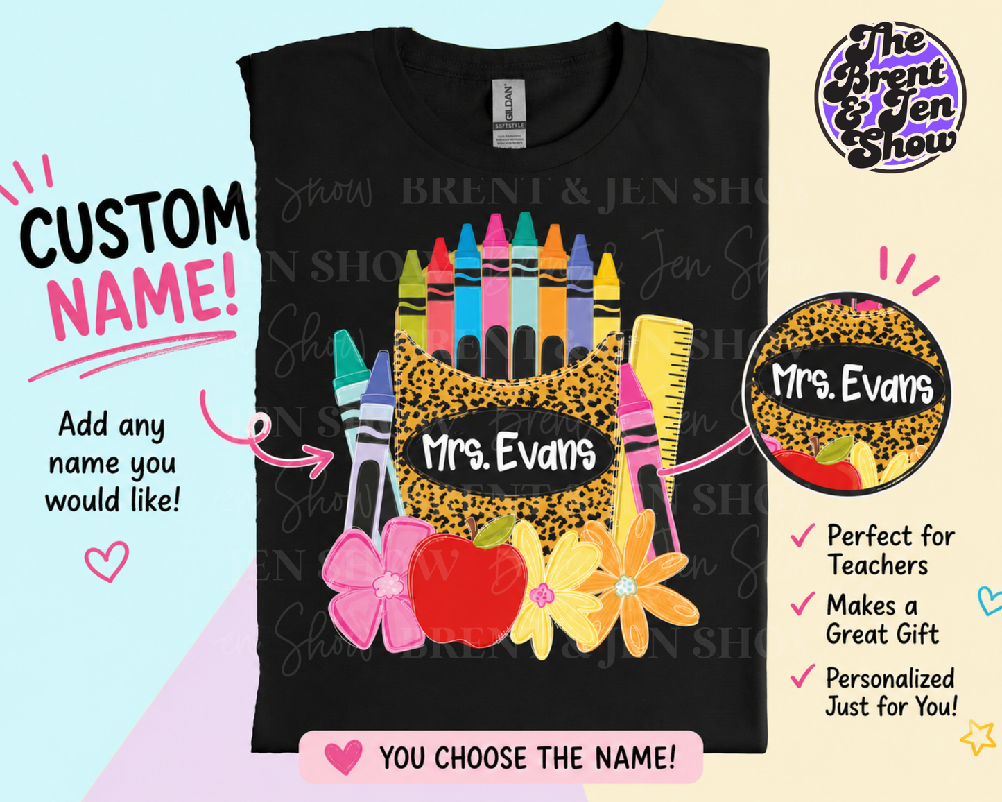 Custom Name Teacher Shirt, Personalized Apple Crayon Leopard Print Tee