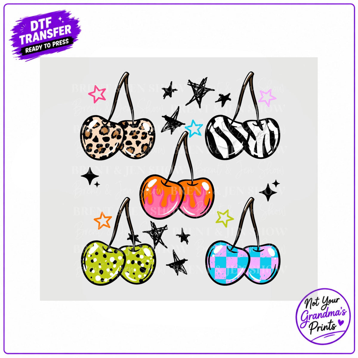 Funky Cherry DTF Transfer: Leopard, Zebra, Checkerboard Patterns (Ready-to-Press)