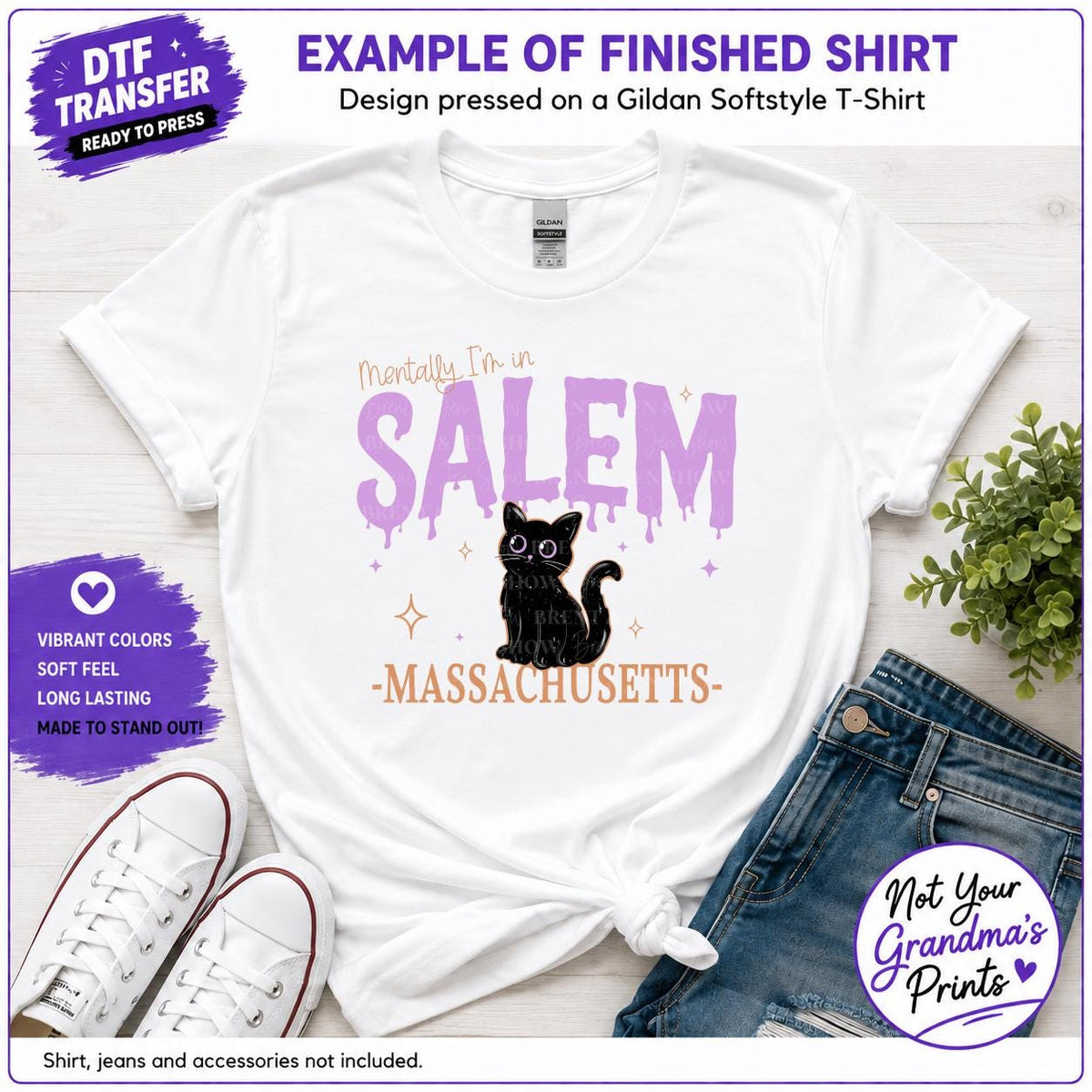 Mentally I'm in Salem DTF Transfer: Black Cat, Purple Lettering (Ready-to-Press)