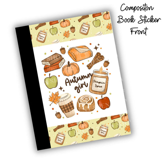 Autumn Girl, Pumpkin Spice Fall Composition Notebook Cover Stickers, Vinyl Front Back Set