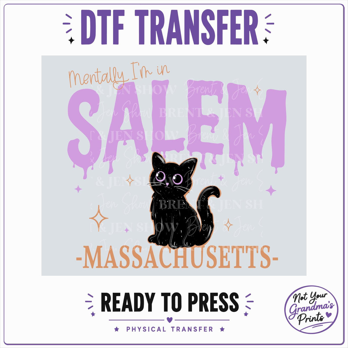 Mentally I'm in Salem DTF Transfer: Black Cat, Purple Lettering (Ready-to-Press)