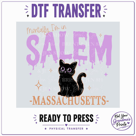 Mentally I'm in Salem DTF Transfer: Black Cat, Purple Lettering (Ready-to-Press)