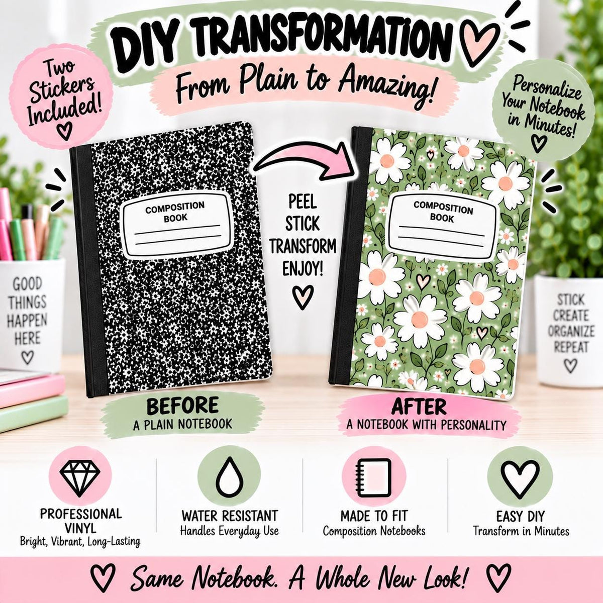 Sunflower Floral Composition Notebook Cover Stickers, Vinyl Front Back Set