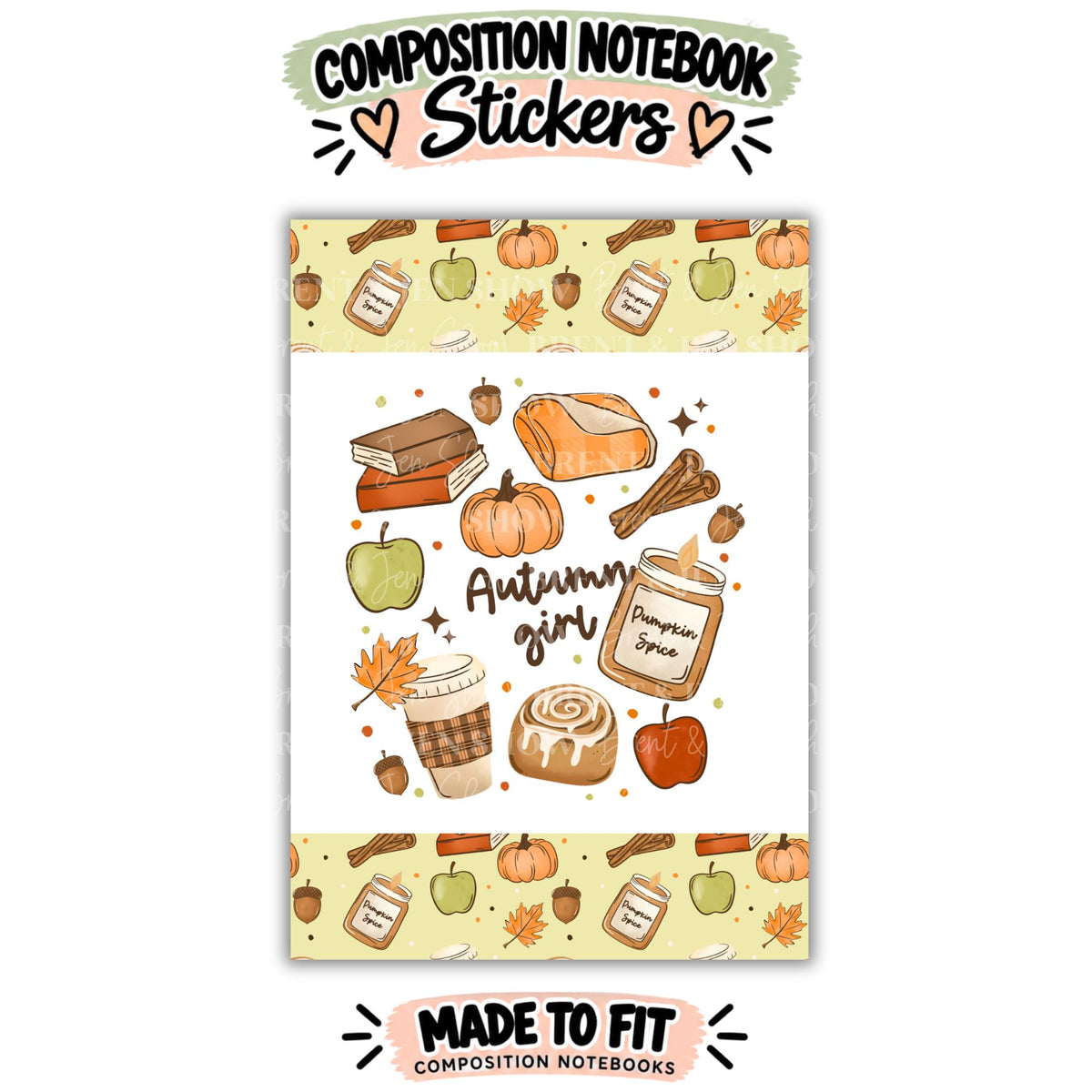 Autumn Girl, Pumpkin Spice Fall Composition Notebook Cover Stickers, Vinyl Front Back Set