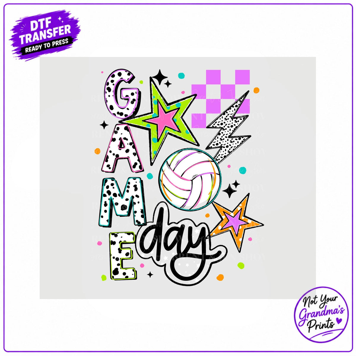 Game Day DTF Transfer: Volleyball, Stars, Checkers (Ready-to-Press)