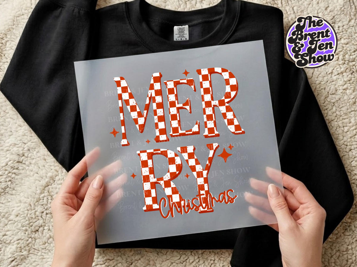 Merry Christmas DTF Transfer: Distressed Checkerboard Lettering (Ready-to-Press)