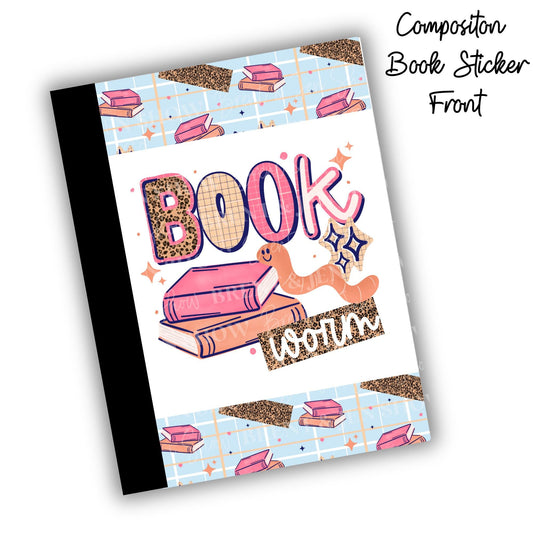 Book Worm Composition Notebook Cover Stickers, Vinyl Front Back Set