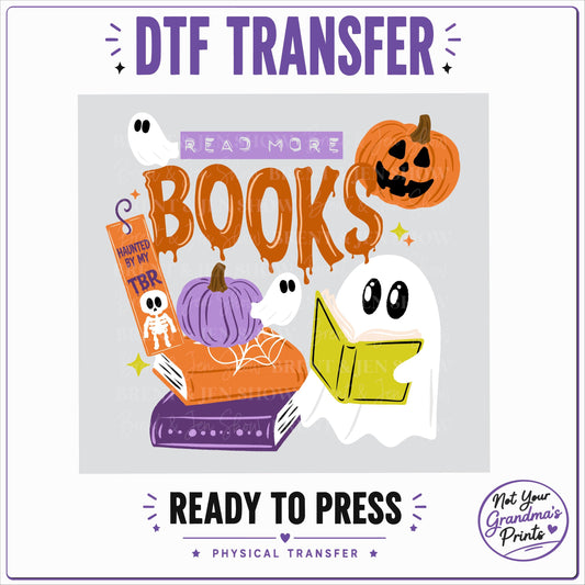 Halloween Books DTF Transfer: Ghosts, Pumpkins, Haunted Library (Ready-to-Press)