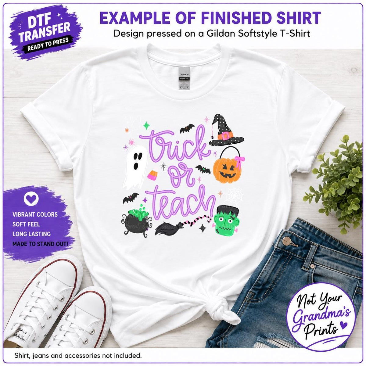 Trick or Teach Halloween DTF Transfer: Ghost, Witch, Pumpkin, Frankenstein (Ready-to-Press)