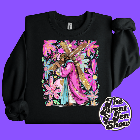 Jesus Carrying The Cross Floral Sweat Shirt