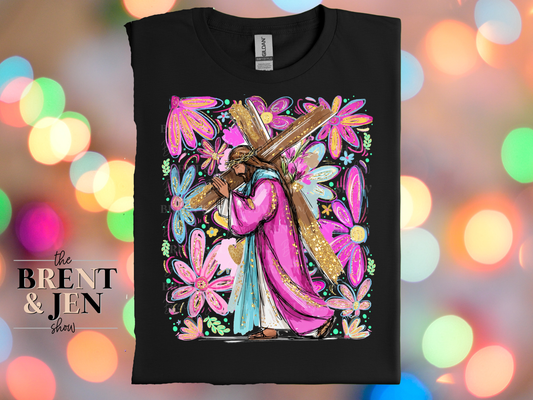 Jesus Carrying The Cross Floral T Shirt