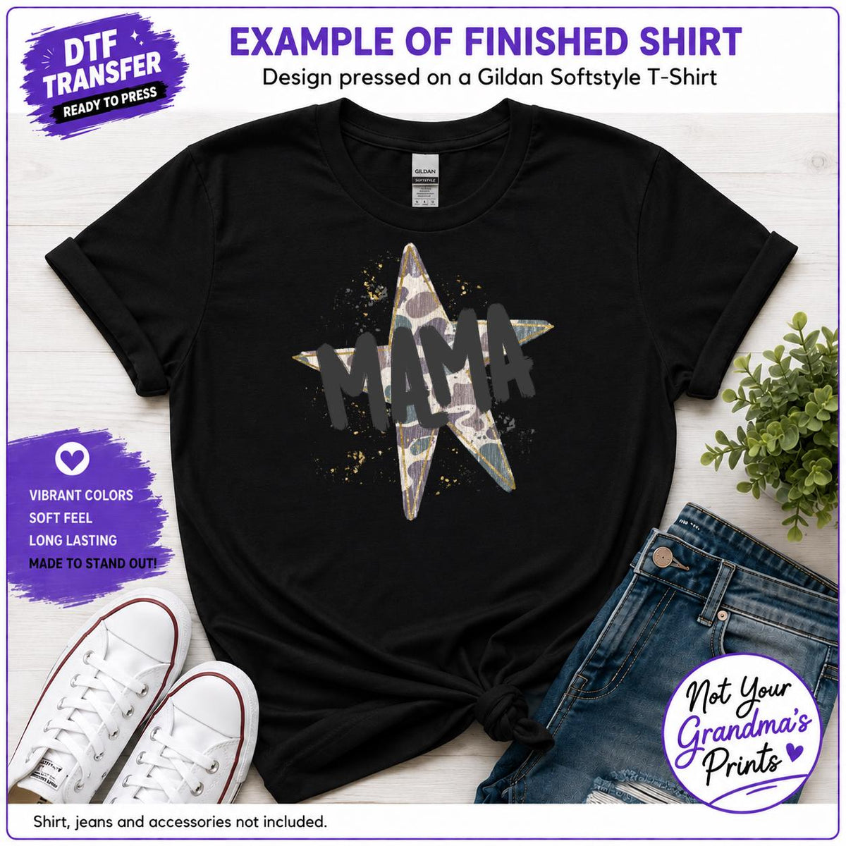 Mama Star DTF Transfer: Camo Splatter Design (Ready-to-Press)