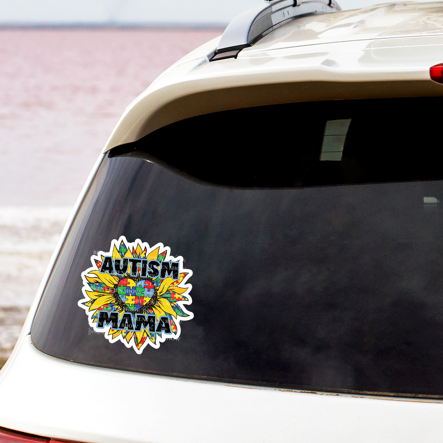 Autism Mama, Colorful Puzzle Piece Sunflower Sticker or Car Decal