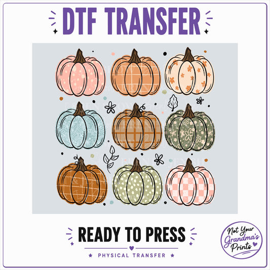 Patterned Pumpkins DTF Transfer: Floral, Plaid, Check Prints (Ready-to-Press)