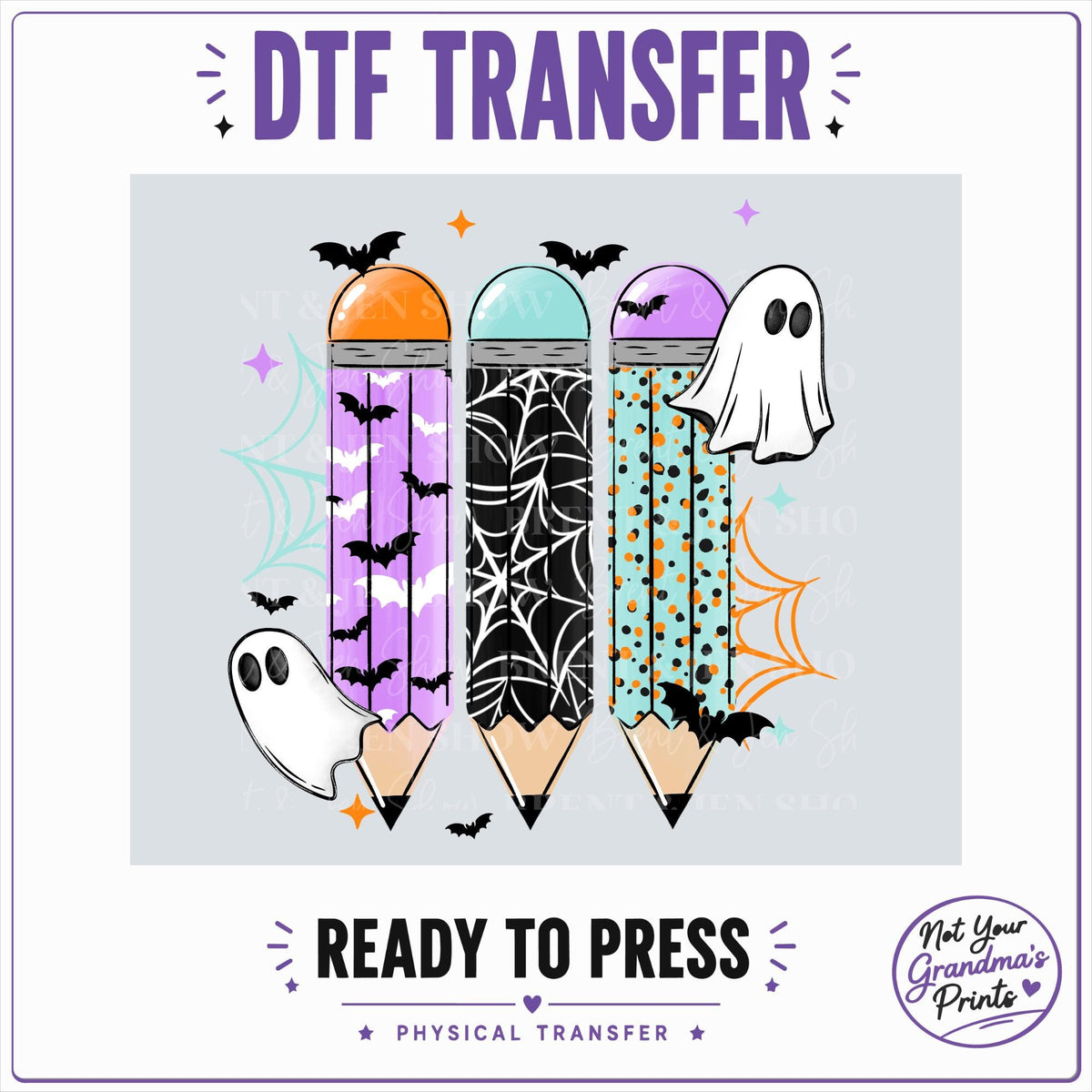 Halloween Pencil DTF Transfer: Ghosts, Bats, Spiders (Ready-to-Press)