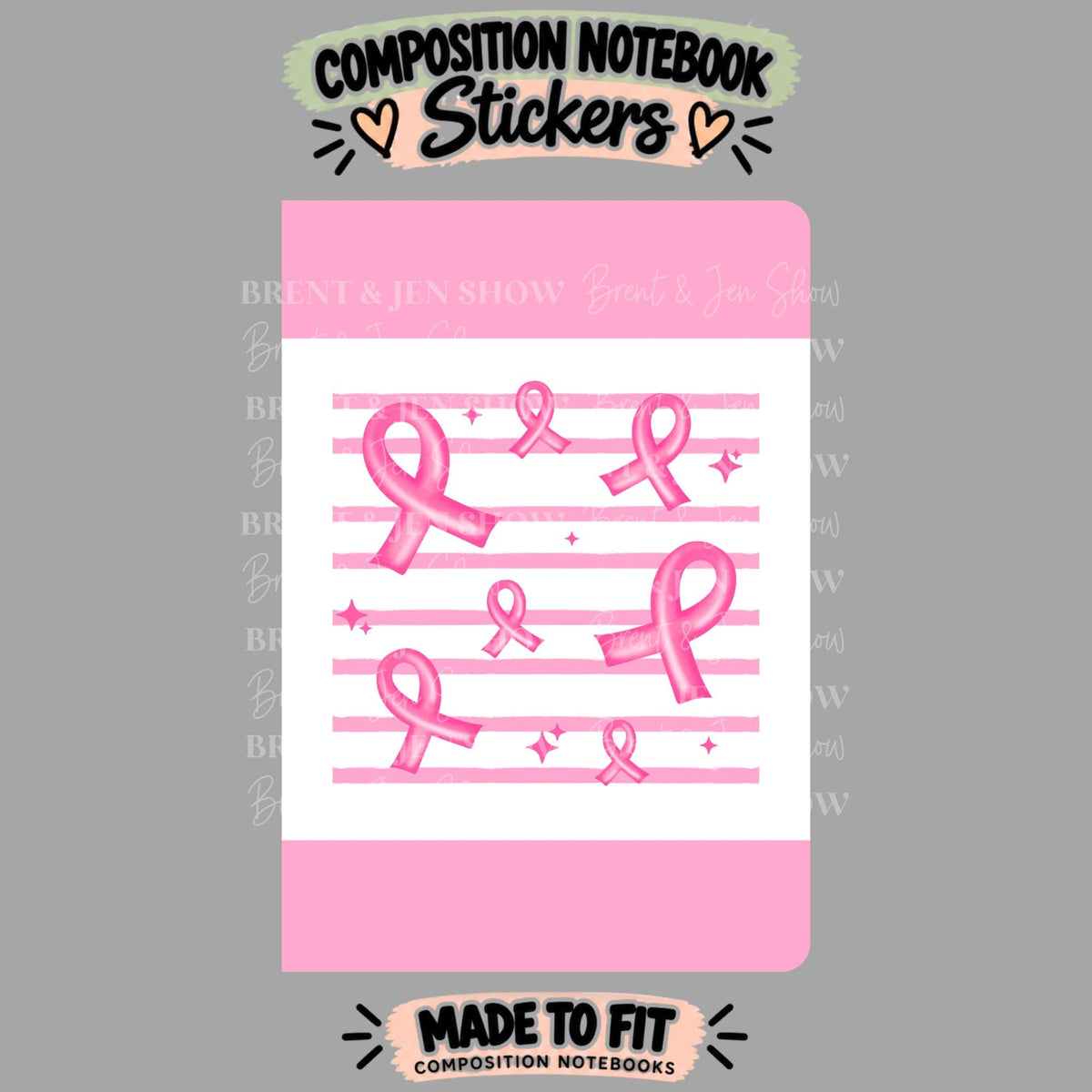 Pink Ribbon, Breast Cancer Awareness Composition Notebook Cover Stickers, Vinyl Front Back Set